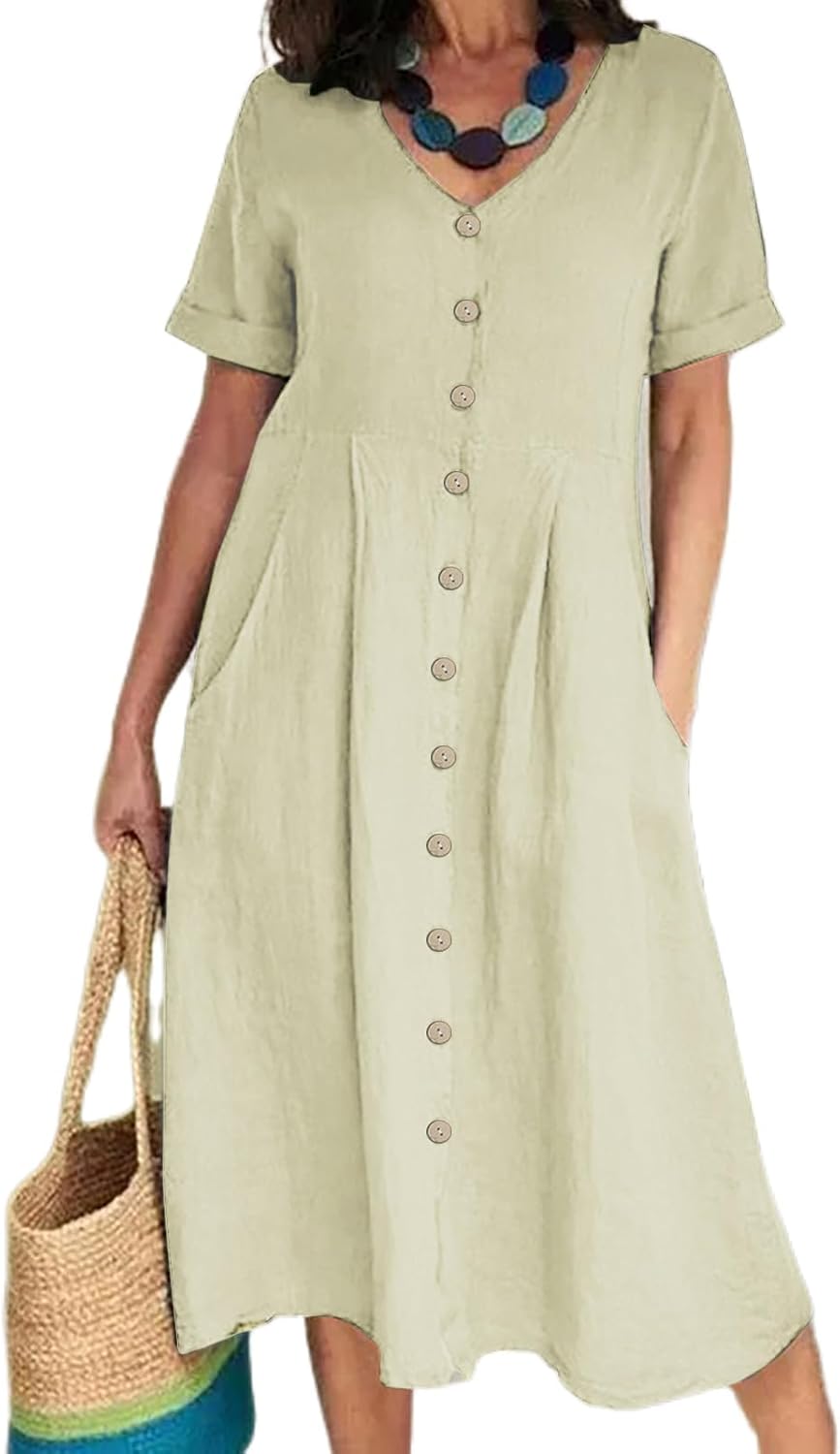 Women Linen Dresses Summer 2024 Button Down Casual Short Sleeve V Neck Long Flowy Midi Dress with Pockets