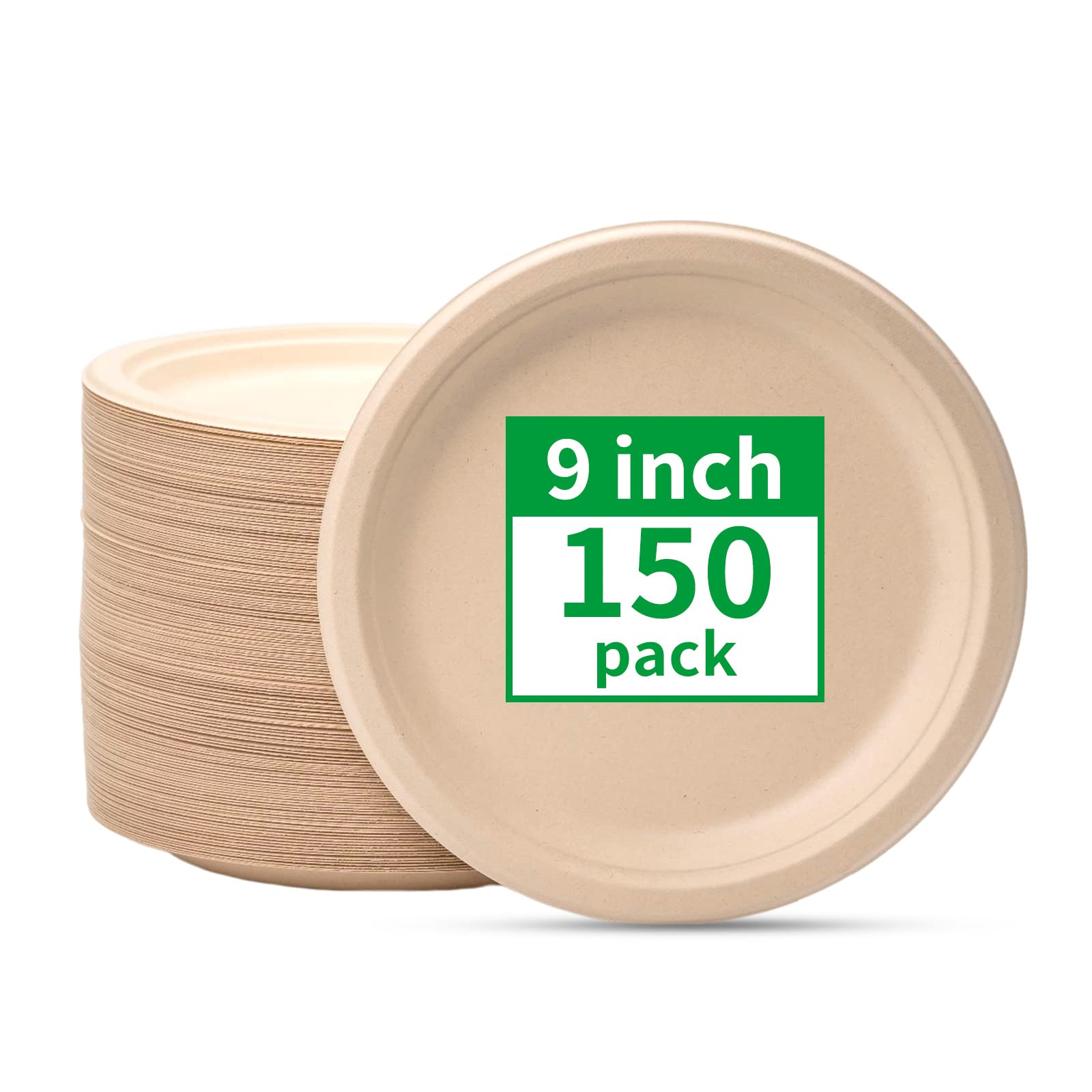 RACETOP Compostable Paper Plates 9 Inch [150 Pack], Disposable Biodegradable Heavy Duty Paper Plates, Made of Natural Sugarcane Fibers, Unbleached Brown, Round