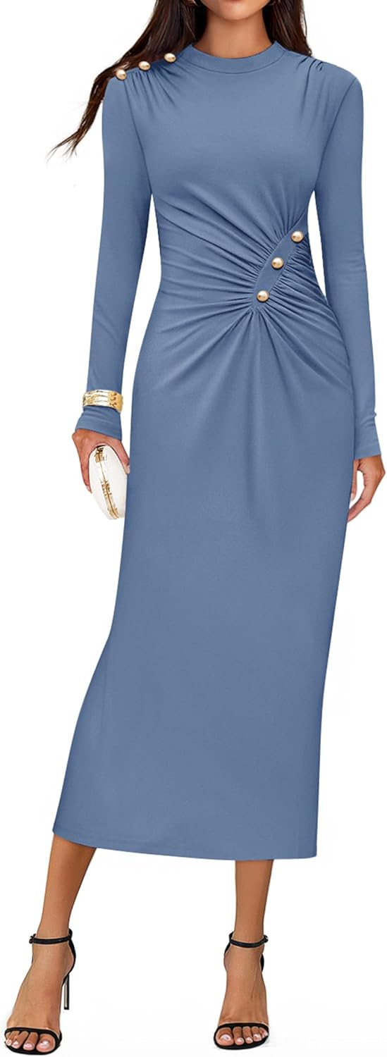 ZESICA Womens 2025 Fall Long Sleeve Mock Neck Bodycon Midi Dress Ruched Knit Elegant Party Cocktail Formal Dresses