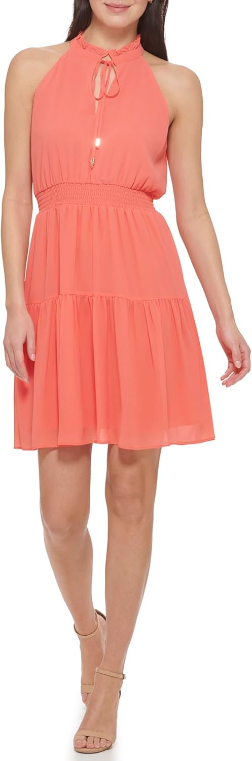Vince Camuto Womens Sleeveless Halter Neck Chiffon Fit & Flare Dress