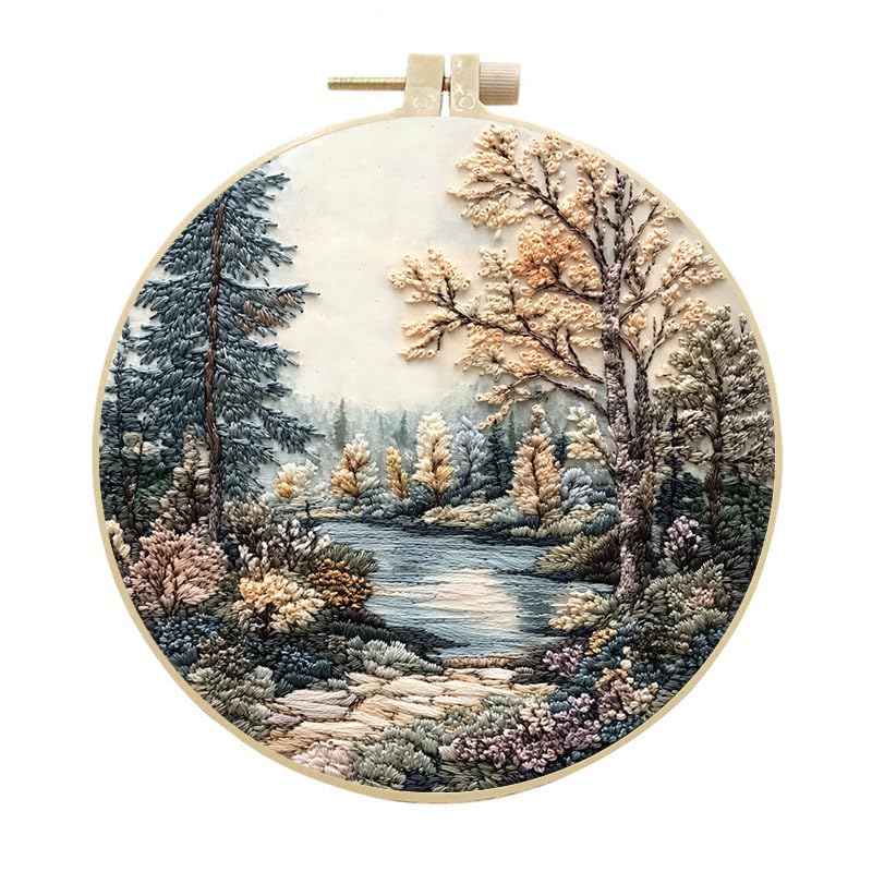 YarnAdventures Kit Ricamo Principianti,Paesaggio,foresta invernale,Set Ricamo Starter,Con Cartamodello e Descrizione,Kit Punto Croce,per Fai Da Te,Arte,Artigianato,Cucito