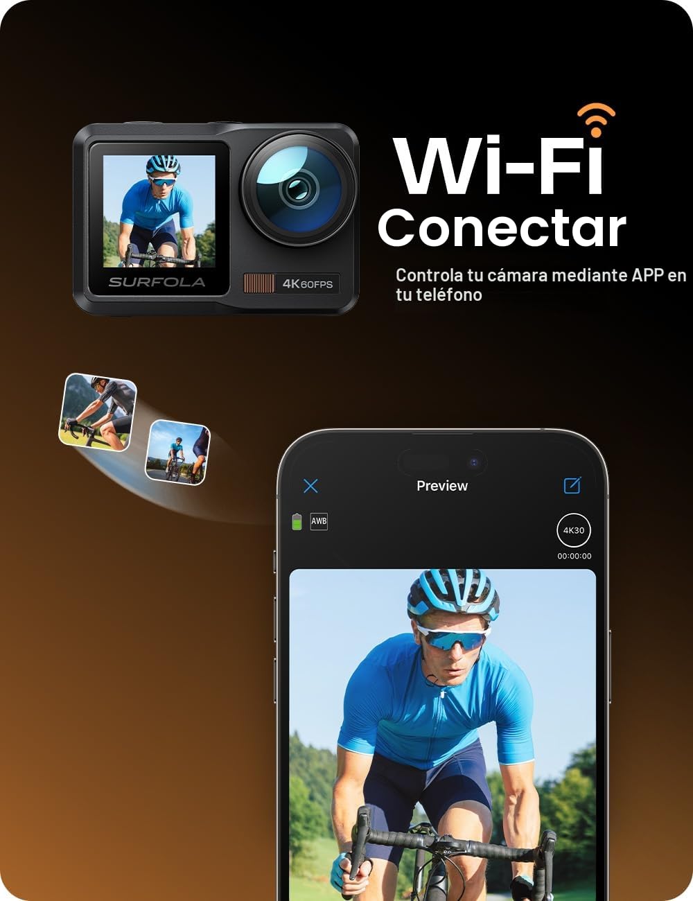 Surfola SF630 Cámara Deportiva 4K 60FPS, subacuática 40M Impermeable de Metal Desnudo 10M, WiFi, para Casco EIS, Videocámara de Pantalla Dual con 2 Baterías x1350mAh