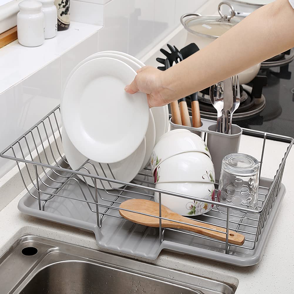 Scolapiatti in Acciaio Inossidabile, Scolapiatti da Lavello con Sgocciola e Porta Posate, Scolapiatti da Appoggio per Lavello, Scolapiatti per Bancone da 48 x 30 x 11 cm