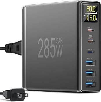 285W USB C Charger Block, YSYFAD 6 Ports Multiple USB Charging Station with Digital LCD Dispaly GaN Fast 100W USBC Charger for MacBook Laptops Multiport USBA Charger for i Pad i Phone Samsung, Black