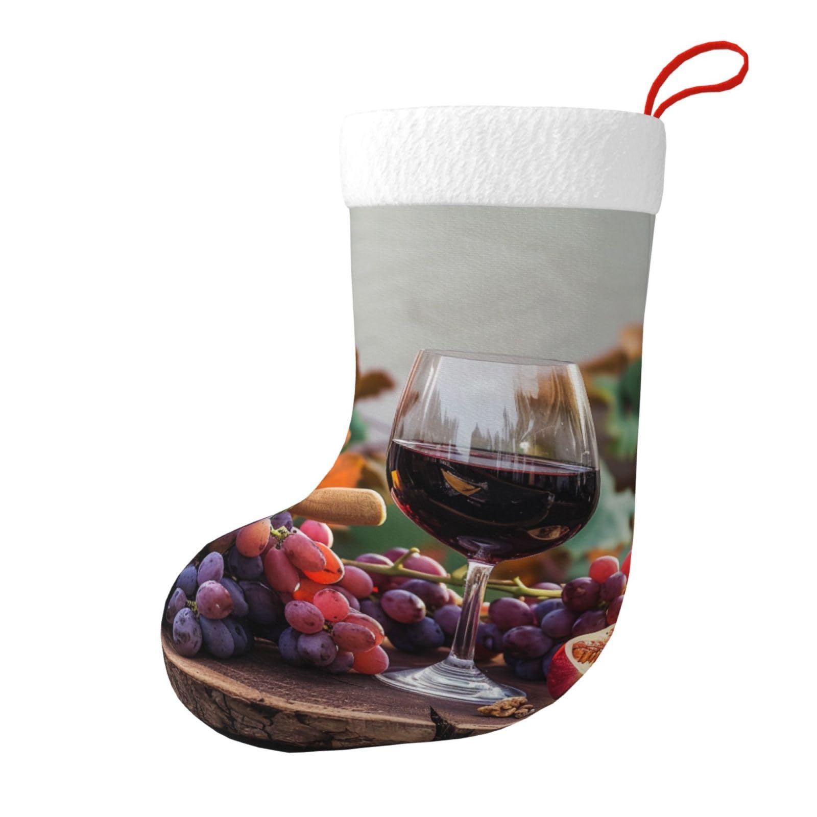Red Wine Galsses & Grapes with Wooden Print Christmas Stocking, 28x45cm Holiday Hanging Stockings for Fireplace, Tree Decorations, Gift Giving, and Party Festive Decor