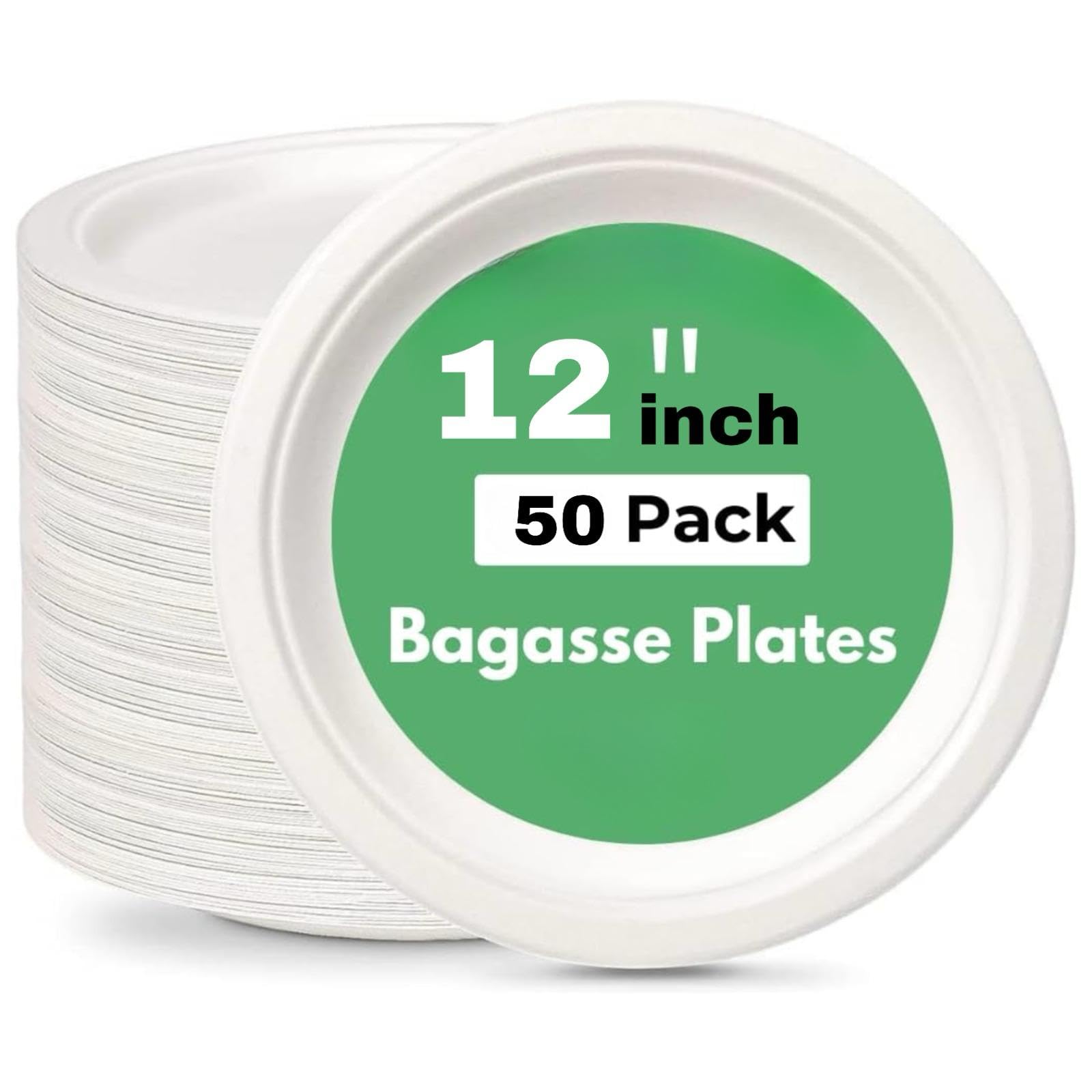 Wrap n Pac 12 inch Pizza Round Plates Disposable Biodegradable Bagasse Sugarcane Wedding Party Plates Eco Friendly Tableware (12 Inch - Pack of 50)