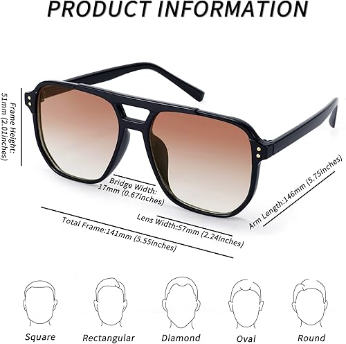 Miniatura 6 de FEISEDY Gafas de sol estilo aviador cuadradas retro para mujeres y hombres, vintage de los 70, marco de plástico de moda, B2835