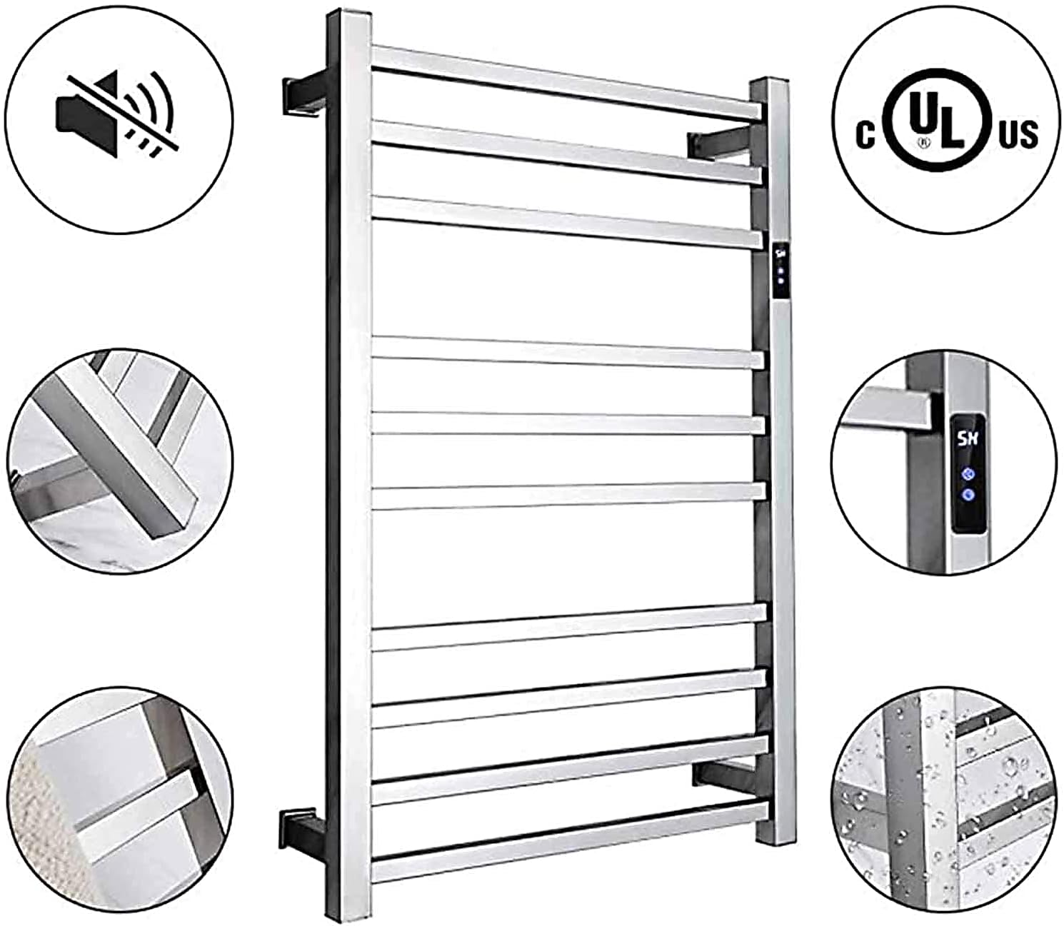 Electric Towel Warmer,with Timer Wall Mounted 10 Bars Smart Electric Towel Rack Stainless Steel Heated Towel Rails 88W Low Power Towel Dryer, Hard Wired, Square image 4