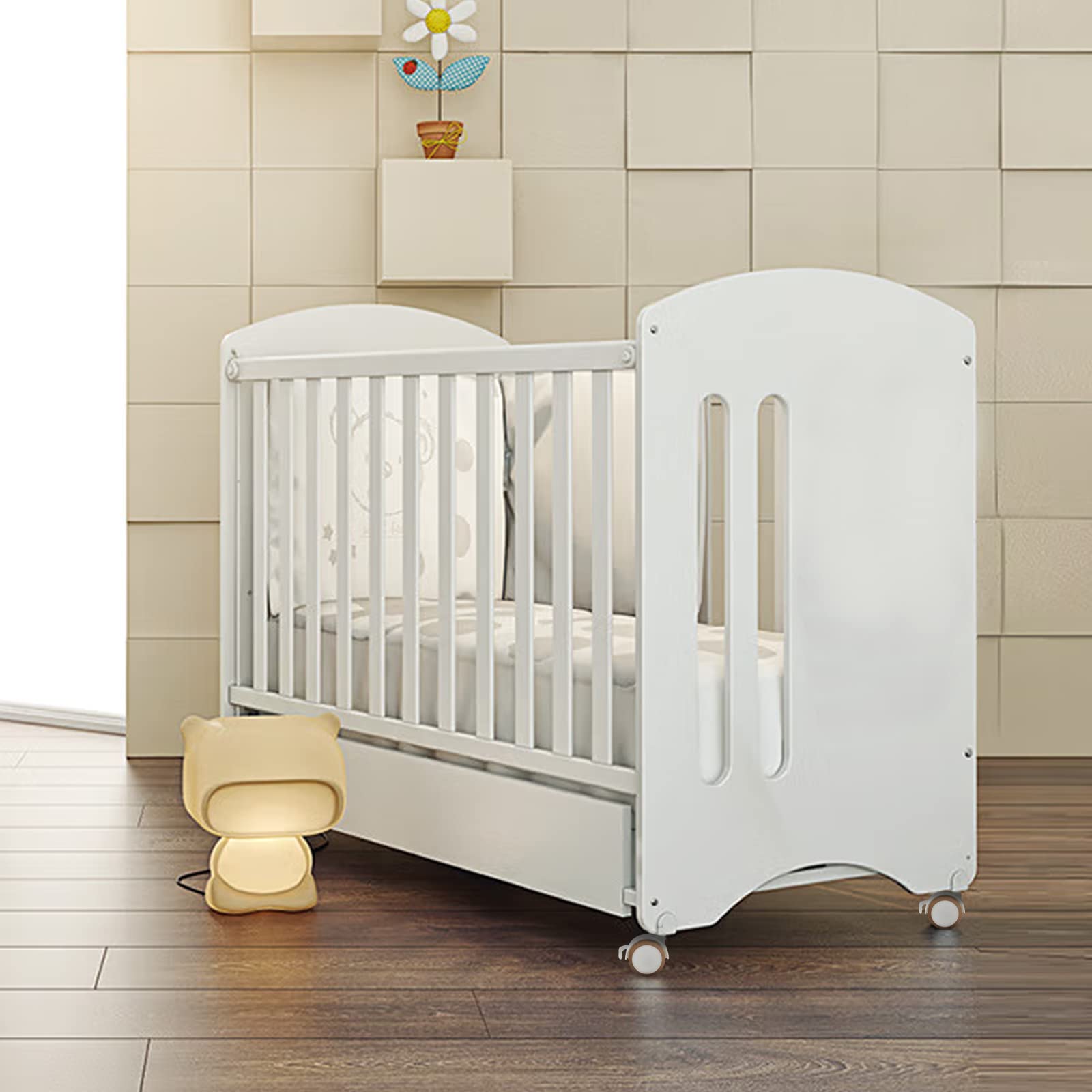 DBREAKS Roulettes pour meubles d'enfants, 4 roulettes doubles avec goupille de manchon de 7 mm, avec frein, adaptées au lit de bébé (blanc)