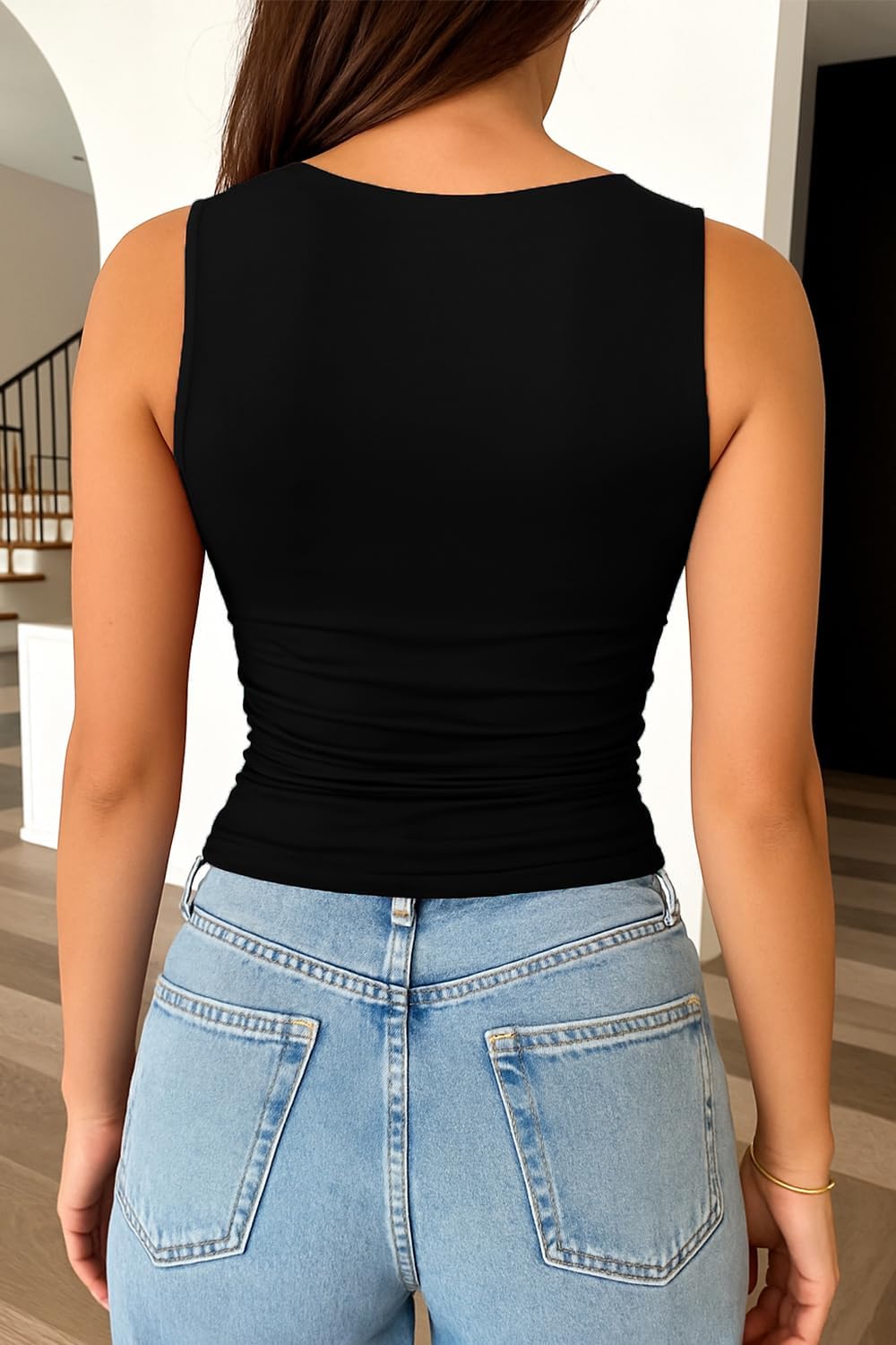 ForeFair Boat Neck Tank Tops for Women - Double Lined Going Out Top Basic Summer Cute Ruched - Image 4
