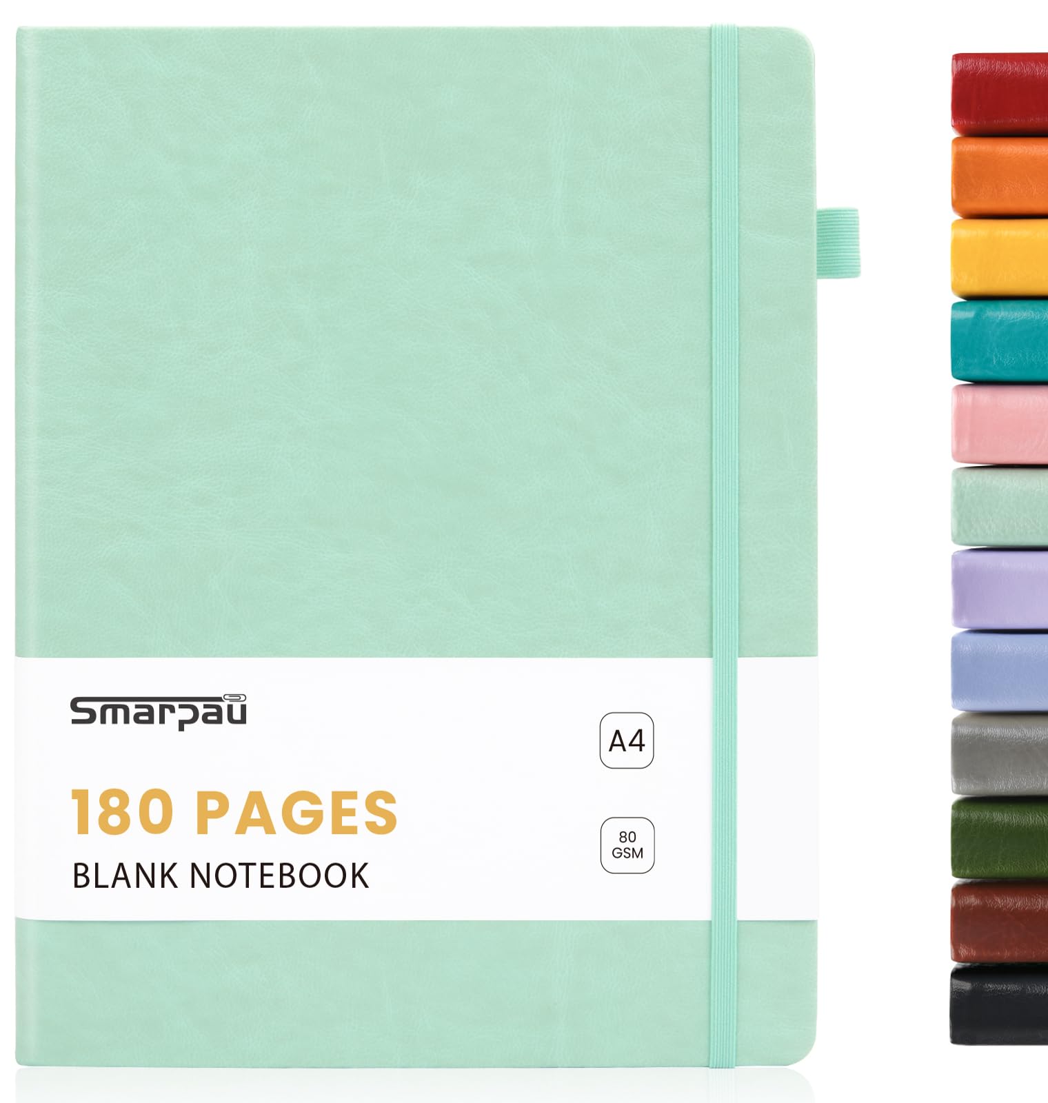 Smarpau A4 Notebook Plain 180 Pages, Leather Journal Notebook with 80gsm Paper, Hardback Notepad Thick Journal for Women Men Writing, Blank Note Book for Drawing Travel (Light Green)