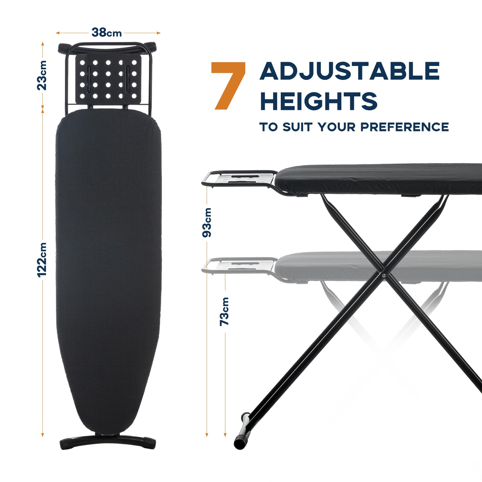 Bügelbrett Groß 120×38cm mit Bügeleisenablage Schwarz Höhenverstellbar | Ironing Board, Klappbar, Bügeltisch für Dampfbügelstation