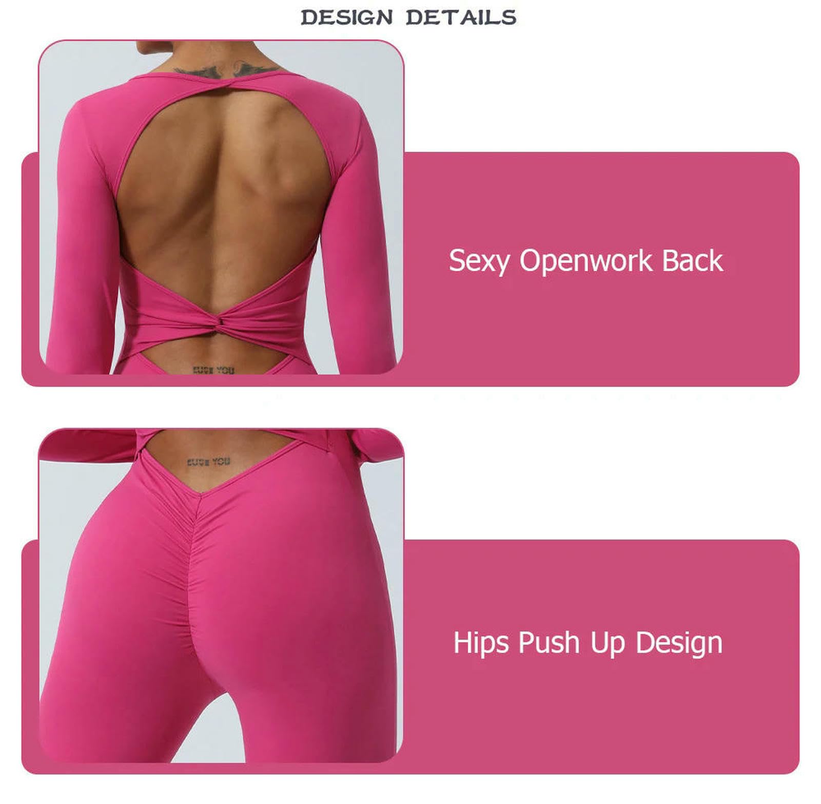 Shapewear Women Long Sleeve Gym Kombinezon Zestaw Jogi Sexy Ażurowe Powrót Odzież treningowa Kobieta Oddychająca Sportswear-Różowa Czerwony-L