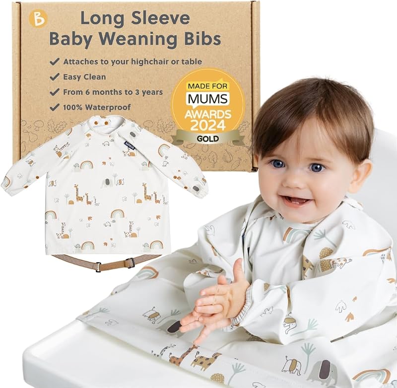 BIBaDO Attachable Long Sleeve Bib for Babies & Toddlers – Easy Clean | Fits 6–36 Months, Waterproof, Machine Washable, Soft, Baby-Led Weaning Feeding Essentials, Full-Body Bib, Newborn Gift