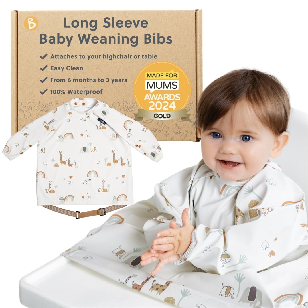 BIBaDO Bavaglino per lo Svezzamento per Bambino Unisex, Si Attacca al Seggiolone e al Tavolo, Con Maniche Impermeabili che Catturano il Cibo.