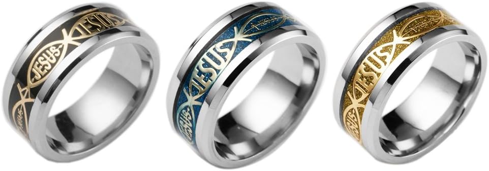 UAQUEEN 8mm Men's Stainless Steel Ring Jesus Cross Bible Wedding Engagement Band Set 3pcs Size 6-13