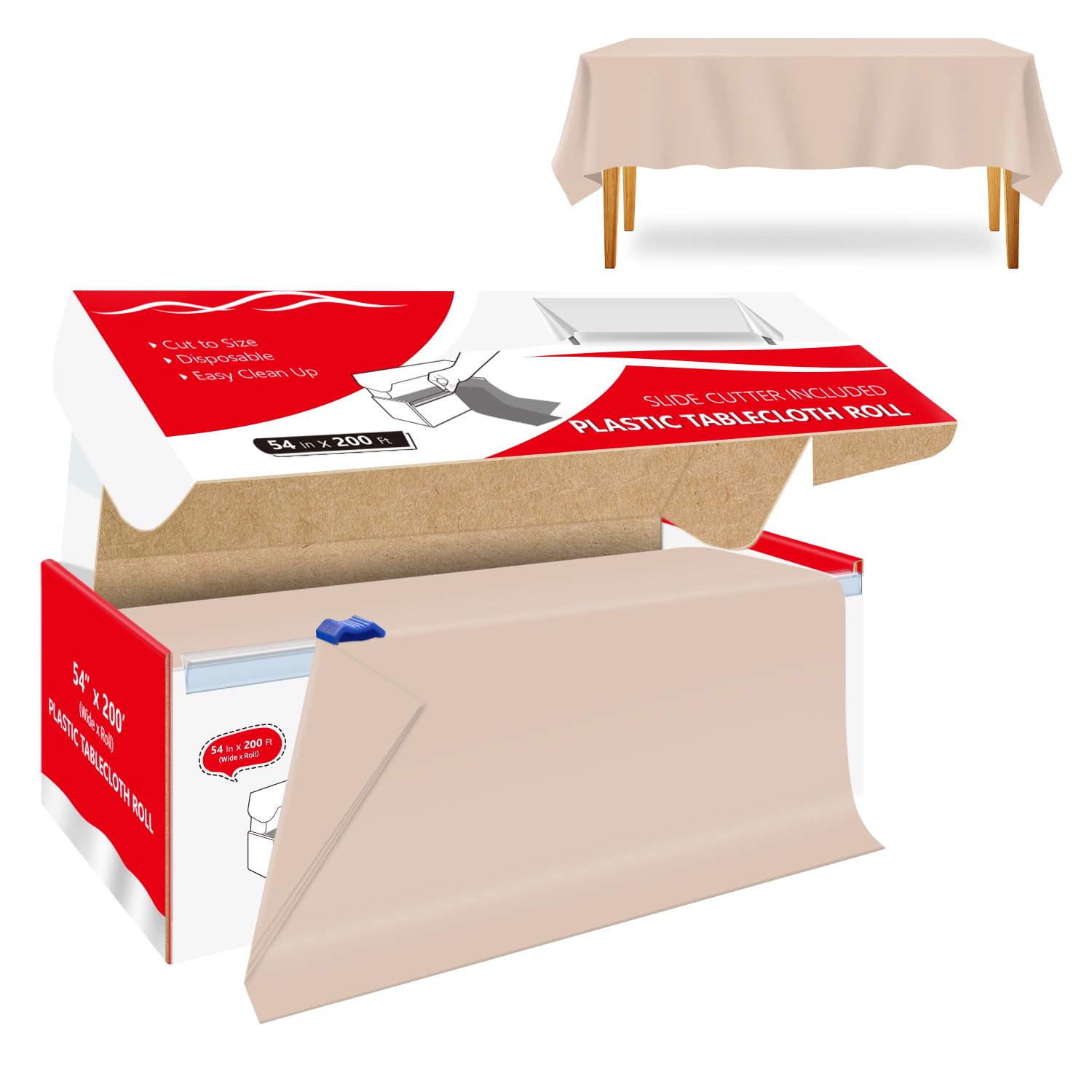 Xnluothsk 54 Inch x 200 Feet Beige Plastic Tablecloth Roll Cut to Size Disposable Table Cover with Cutter Box Plastic Table Cloth for Party, Wedding,