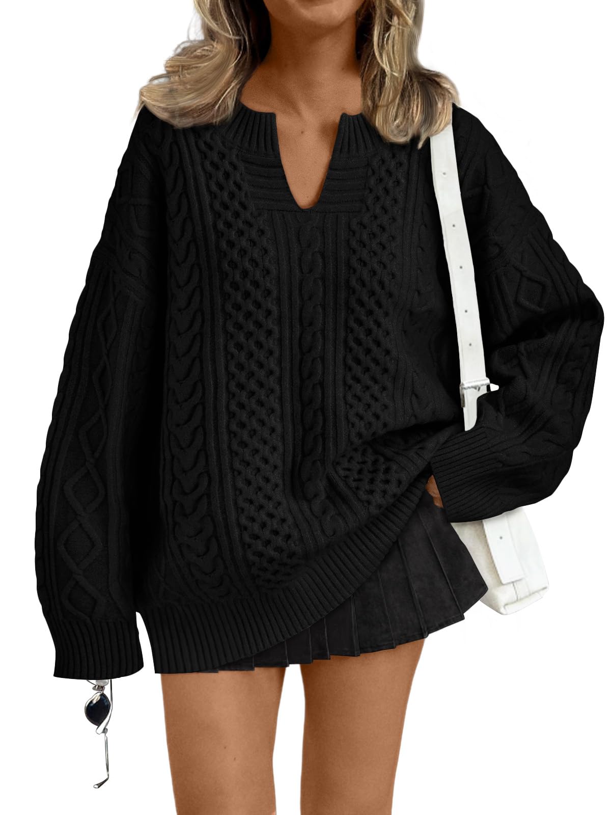 trendy queen V Neck Oversized Cable Knit Sweaters for Women Trendy 2026 Fall Fashion Outfits Clothes Winter Clothing-picture-23