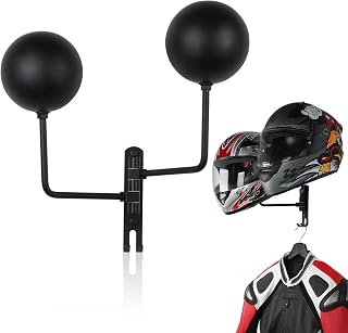 2 in 1 Motorcycle Helmet Rack, Helmet Holder Wall Mount Helmet Stand 90° Rotation with 2 Support Balls 2 Hooks Helmet Hanger for Motorcycle Racing Jacket Suit Cap Baseball Football Helmet