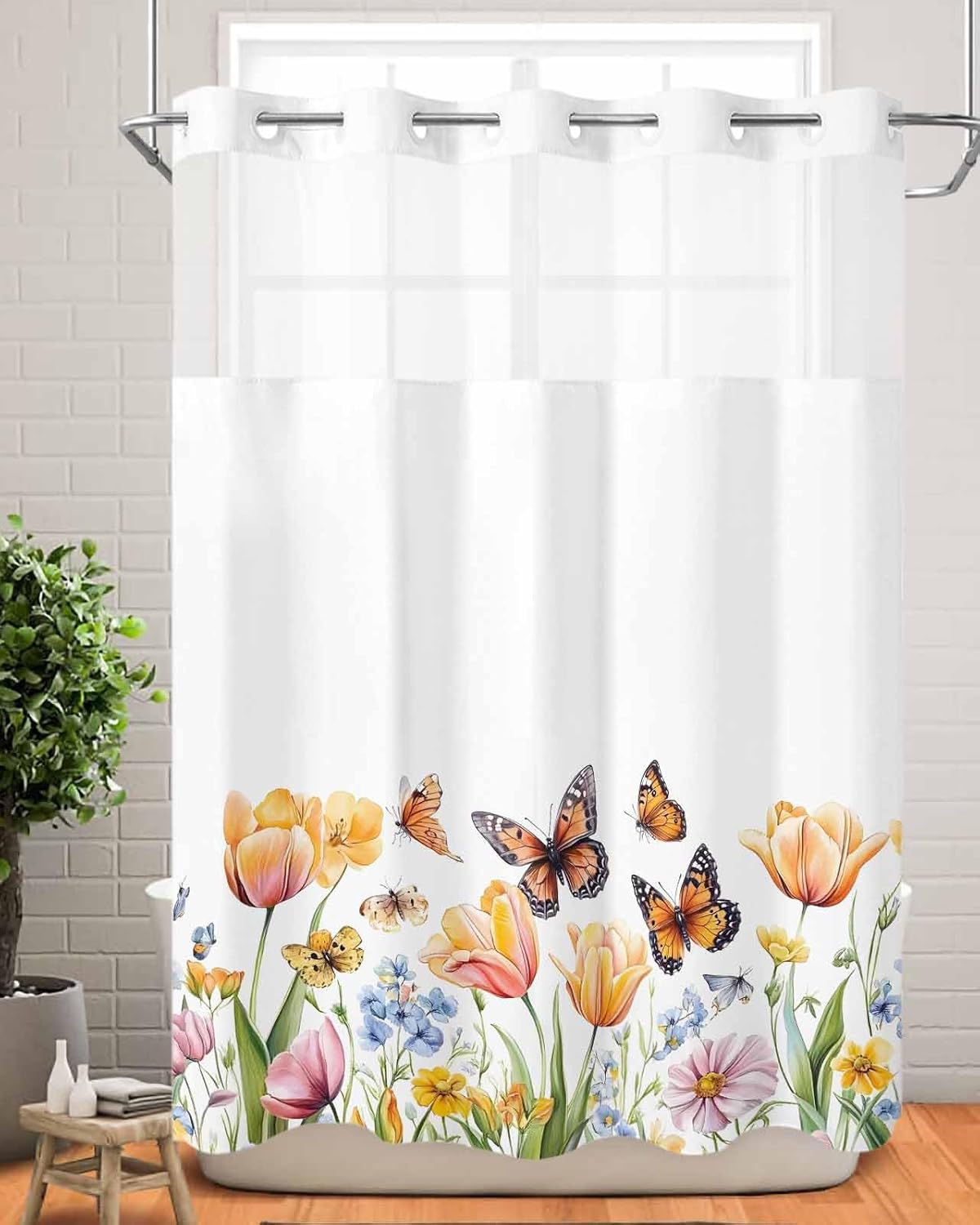 No Hook Shower Curtain with Snap in Liner,Garden Watercolor Flower Butterfly Waterproof Bath Curtain with See Through Top Window,Blossom Floral on White Shower Curtains for Bathroom Decor,48x72in