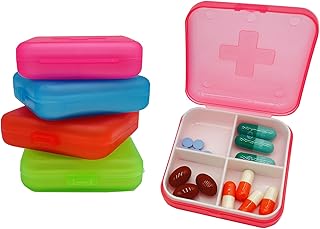 KIDSME 4 Pack Travel Pill Organizer - 4 Compartments Pill Case, Cute Small Daily Pill Box, Portable Medicine Organizer Box, Pocket Pharmacy, Pill Holder Container for Pocket or Purse