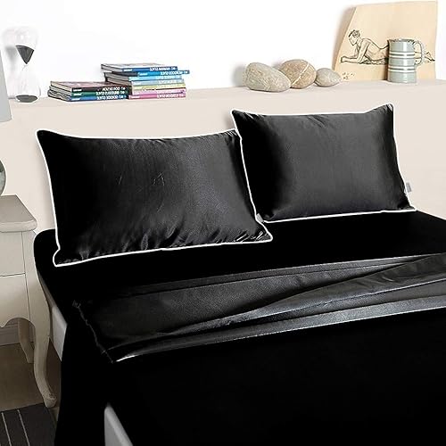 Miniatura 4 de Thmyo Juego de ropa de cama de satén de 3 piezas, sábana bajera ajustable de satén con fundas de almohada, suave, cómoda, hipoalergénica y