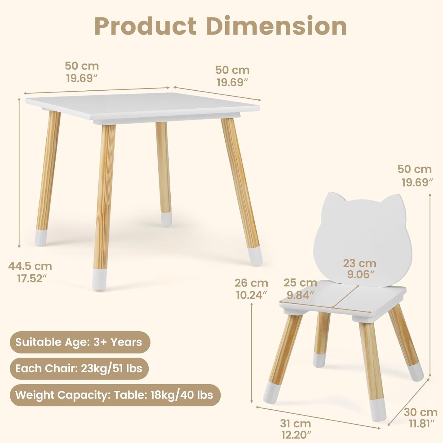 INFANS Kids Table and Chair Set, Wooden Toddler 3-Piece Desk for Playing Eating Drawing Reading Art Crafts, Ideal Children Furniture for Kindergarten Classroom