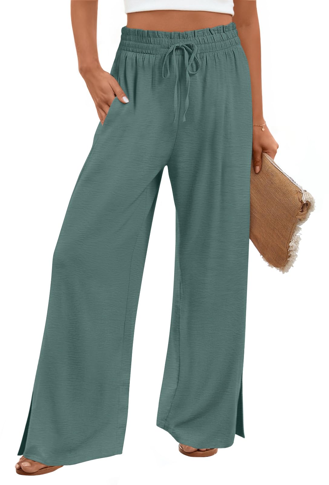HOTGIFT 2026 Womens Pants Wide Leg High Waisted Adjustable Drawstring Trousers with Pockets Casual Lightweight