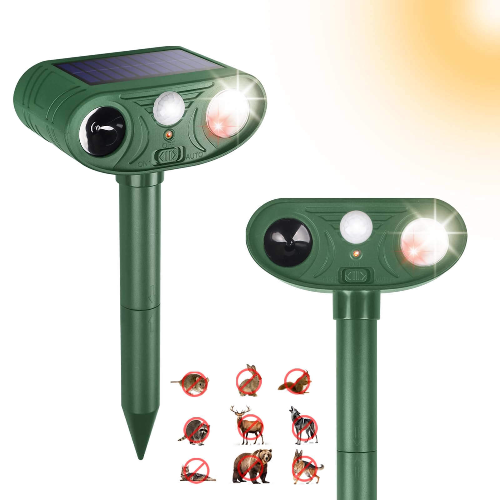 Solar Ultrasonic Animal Repellent Outdoor with Motion Sensor Strobe Light Deer Repellent Devices for Squirrel Cat Raccoon Rabbit Dog 25KHZ Silent Deterrent Dual Mode Yard Garden Lawn Pest Control 2PCS-image-29