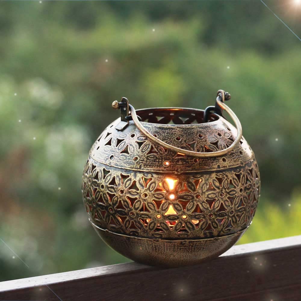 SADHUBELA Handi-Inspired Ball-Shaped T-Light Candle Lantern – Antique Golden Elegance- A Touch of Tradition & Warm Glow- Perforated Artwork