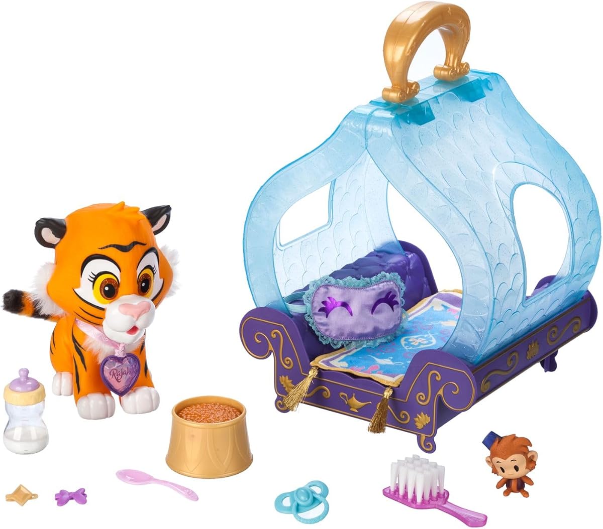 Disney Store Action Toys Princess Pet Play Set - Juego de juguetes Rajah Tiger - Juegos divertidos Juguetes de princesa perfectos para niños pequeños - Viene con Rajah, cama, figura de Abu y alfombra mágica