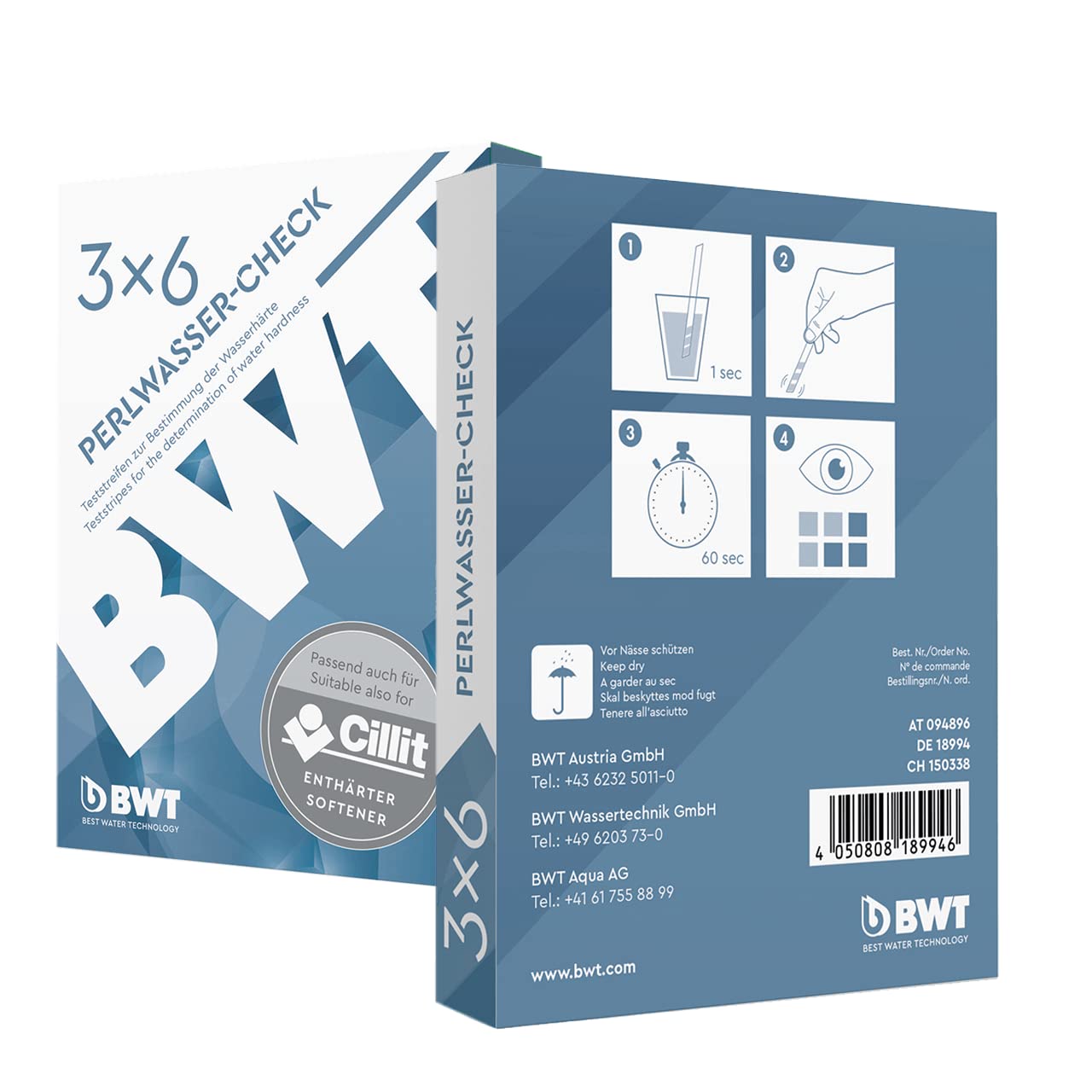BWT Lot de 3 x 6 bandelettes pour test de dureté de l’eau | Perlwasser-Check | Résultat rapide en 1 minute | Analyse facile de l’eau du robinet ou adoucie
