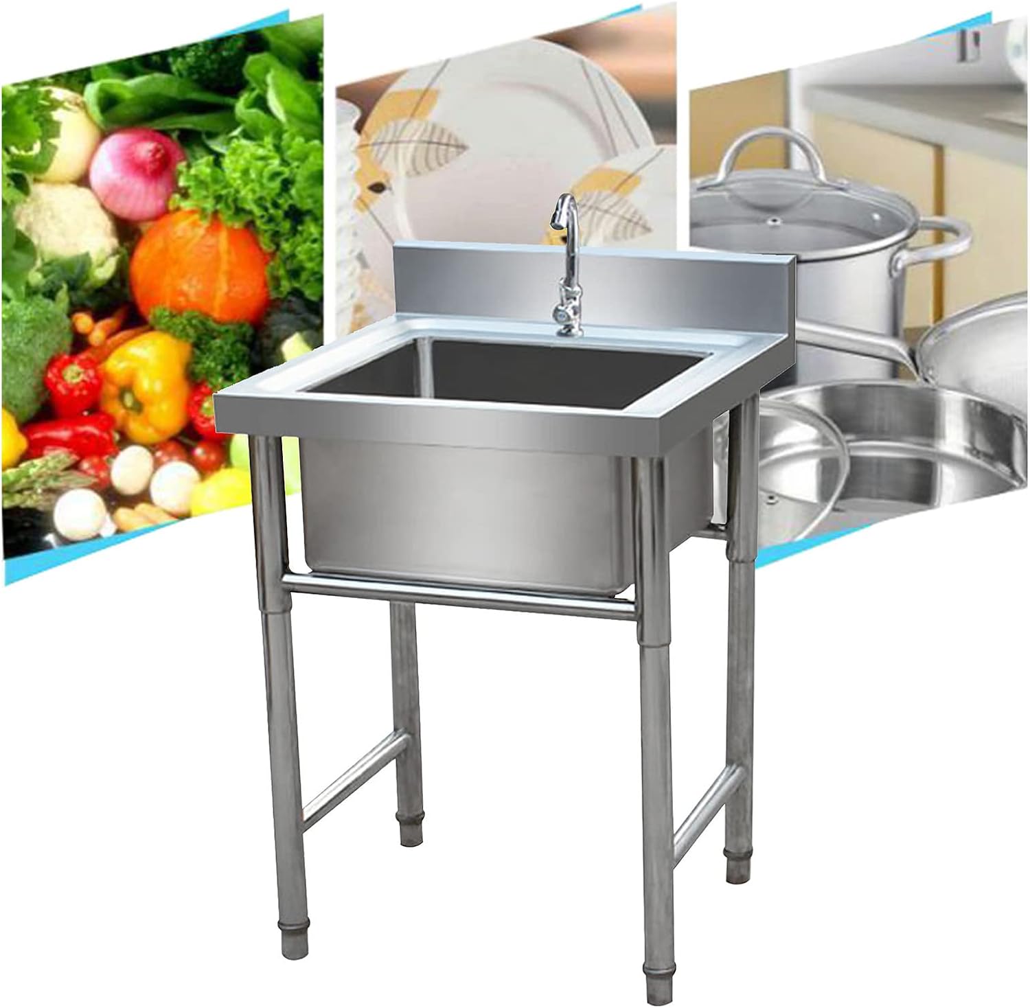 Free Standing Kitchen Sink, 304 Stainless Steel Single Bowl Basin Sink