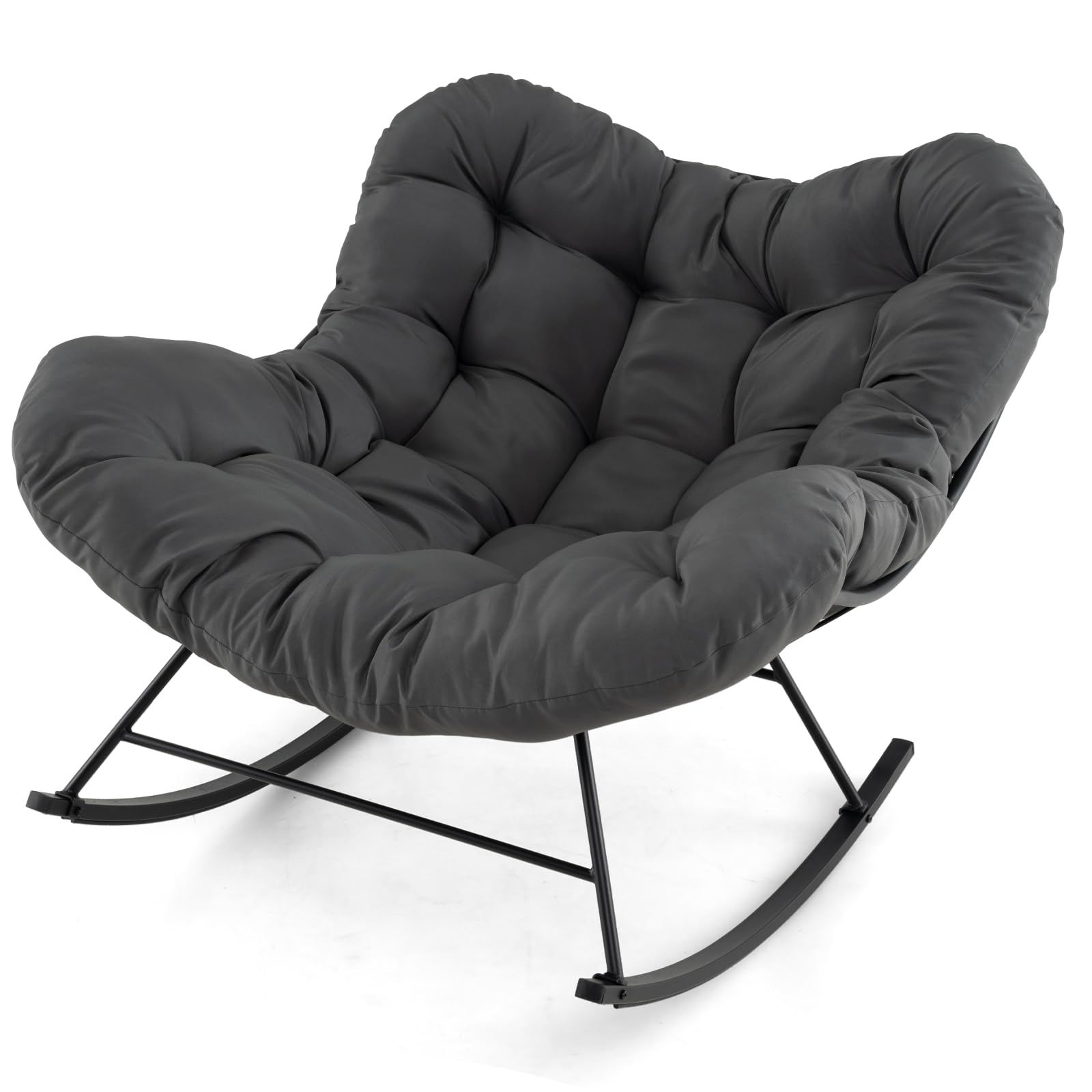 COSTWAY Outdoor Rocking Chair, Oversized Patio Wicker Egg Chair with Thick and Removable Cushion, Rattan Comfy Rocking Lounge Chairs for Living Room, Balcony & Yard (Grey, 110 x 95 x 94 cm)