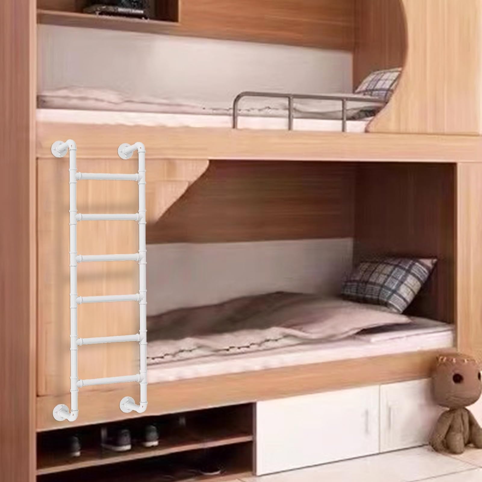Escalera para litera fija y estable de metal blanco para evitar caídas en camas altas