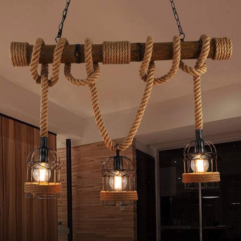 Rustic Hemp Rope Linear Chaner, Farmhouse Wood Beam 3-Light Birdcage Light, Vintage Industrial Hanging Lamp for Kitchen Island, Dining Room, Bar, E27 Base
