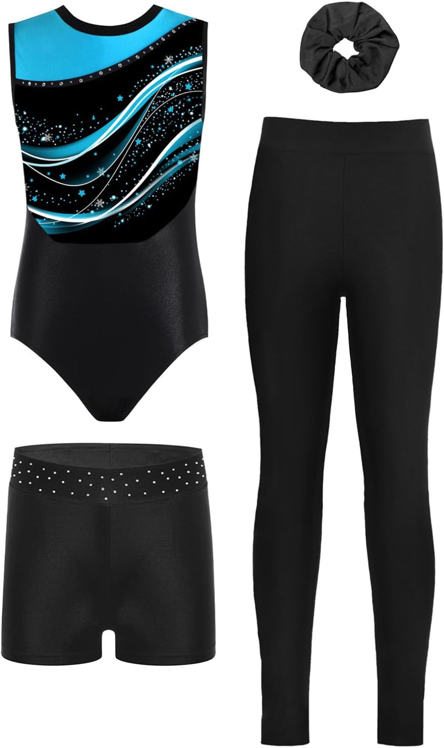 YiZYiF Figure Skating Outfits for Girls Sports Workout Gymnastics Leotards 4-Piece Activewear Set Active Dance Unitard Light Blue 14 Years