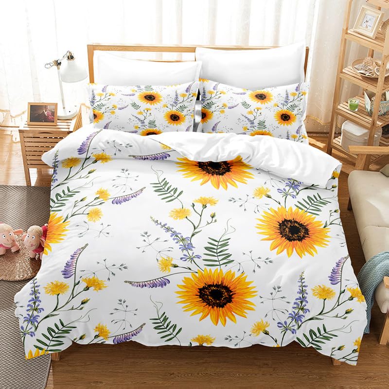 Parure de lit 240x260 tournesol blanc réversible en microfibre douce avec taies