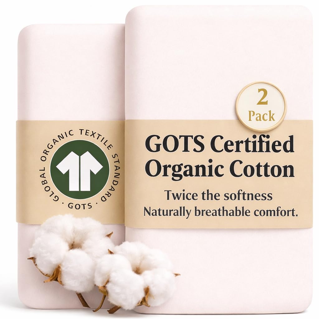 Bunnyjik GOTS Organic Crib Sheets 44x80cm, Premium Weight Luxurious Cotton 200gsm - Soft Combed Organic Cotton, GOTS Certified – 2 Pack Fitted Sheets 44 x 80 cm