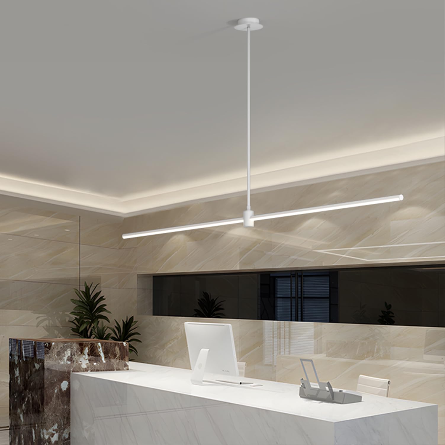 HYJAUSXB Dimmable LED Pendant Lamp with Remote Control Adjustable Height Linear Design Chandelier for Dining Table Kitchen Island and Office Black (White L120cm)