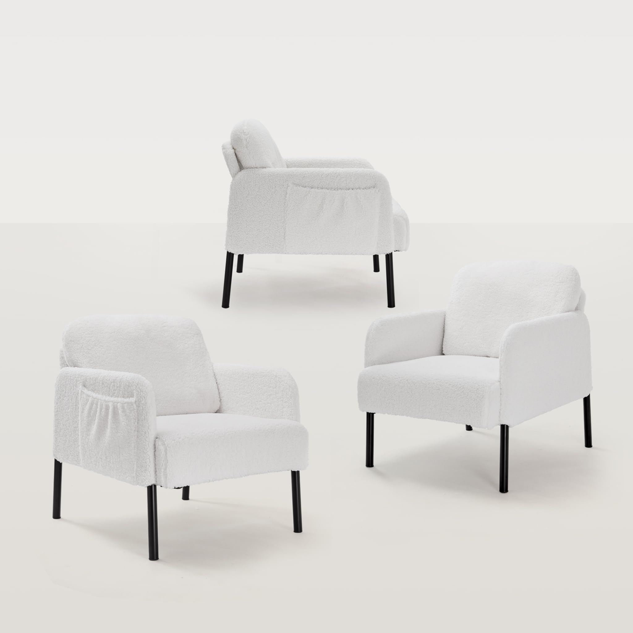 Mondeer Sessel, Einzel Loungesofa mit Seitentasche mit Metallbeinen Gemütlicher Kunstlammfell Stoff Modern, für Wohnzimmer Schlafzimmer Arbeitszimmer, 63 x 75 x 75 cm, Weiß