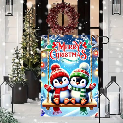 Image of BlissYard Christmas Penguin Garden Flag 12x18 Inch Polyester | Double sided polyester, Christmas penguin couple snowflakes design, winter home decor for holiday porch and yard