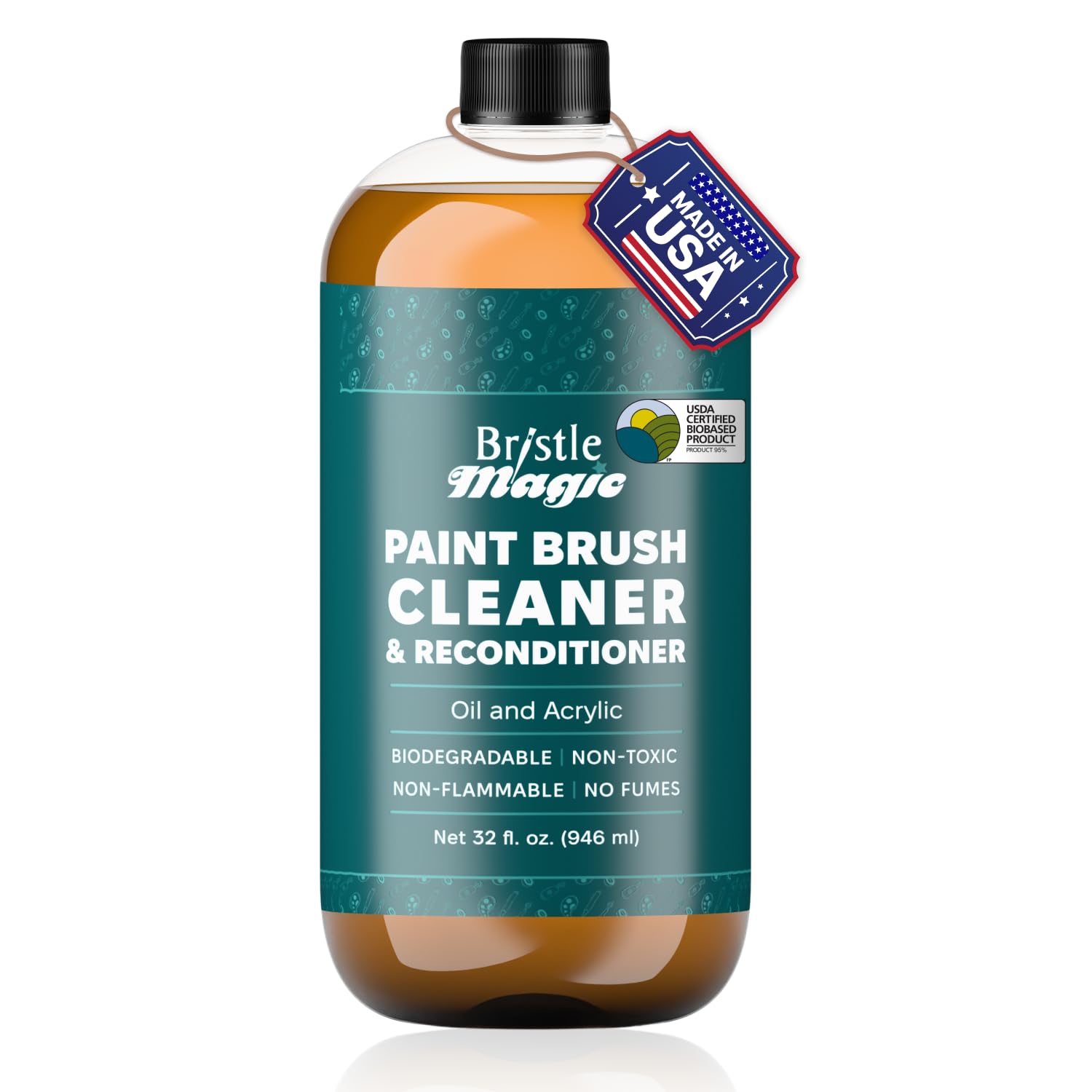 Bristle Magic Oil Paint Brush Cleaner and Restorer-Paintbrush Cleaner for Acrylic, Oil, and Glass Paints-Biodegradable, Non-Toxic, Odorless, Eco-Friendly, Quick-Clean Formula Paint Remover (32 Fl Oz)