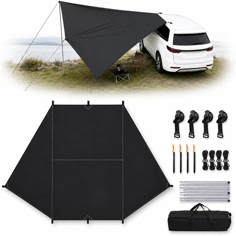 for Ram 1500 RHO Crew Cab 5th Gen DT 2025-Present Car Side Awning, 210D Blackout Oxford SUV Camping Tarp with Suction Cups, Poles, Ropes and Stakes