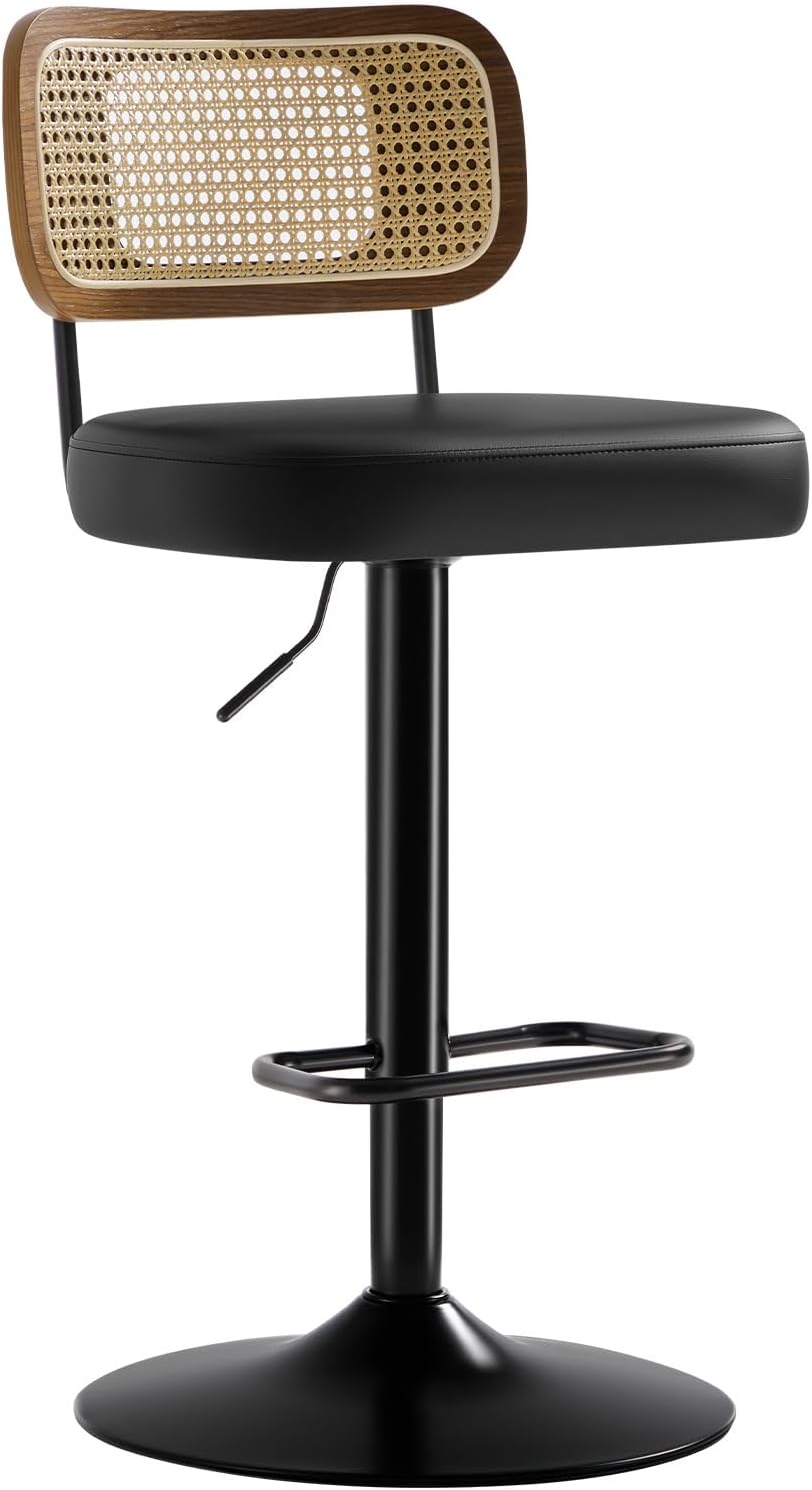 Swivel Bar Stools Set of 2, Adjustable Barstools from 25" to 33", Upholstered Faux Leather Bar Chairs with Rattan Backrest & Enlarged Base for Counter, Kitchen Island & Pub, Black