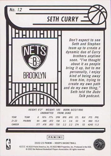 Miniatura 2 de 2022-23 Panini NBA Hoops #12 Seth Curry NM-MT Nets