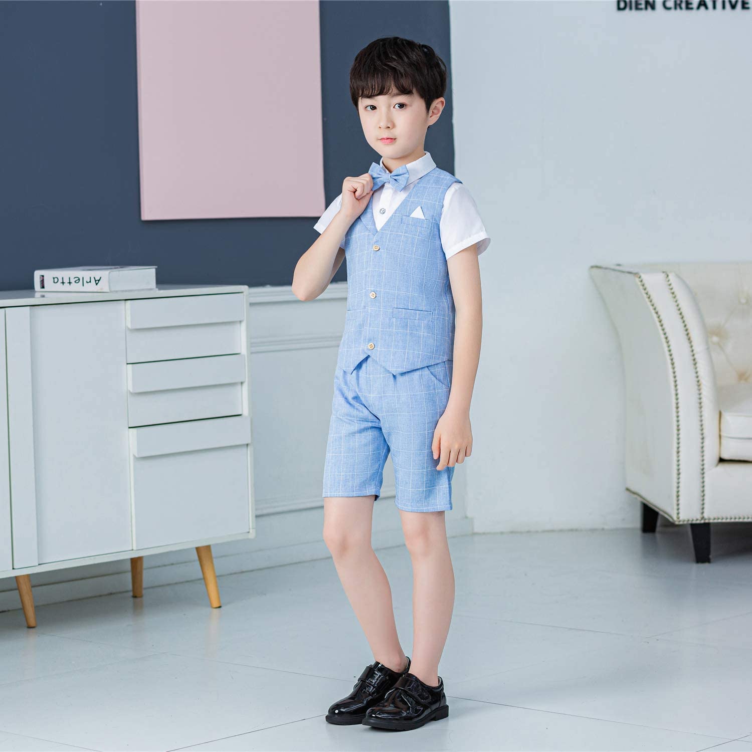 LOLANTA 4PZ Completo Cerimonia Bambino, Abito Bimbo Estivo con Gilet Pantalone Camicia e Papillon per 2-12 Anni