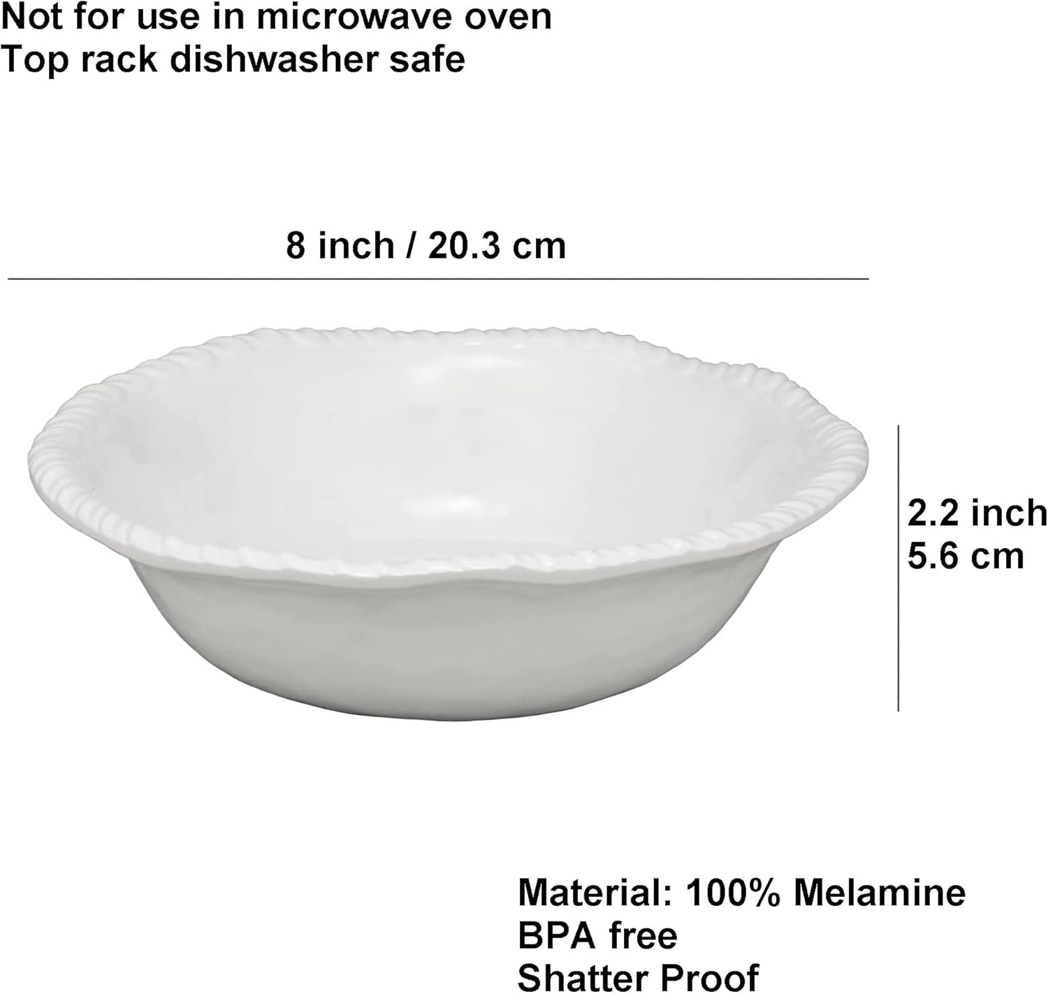 KOXIN-KARLU 8-inch Melamine Bowls, 32-ounce Cereal and Salad Bowls, set of 6 White