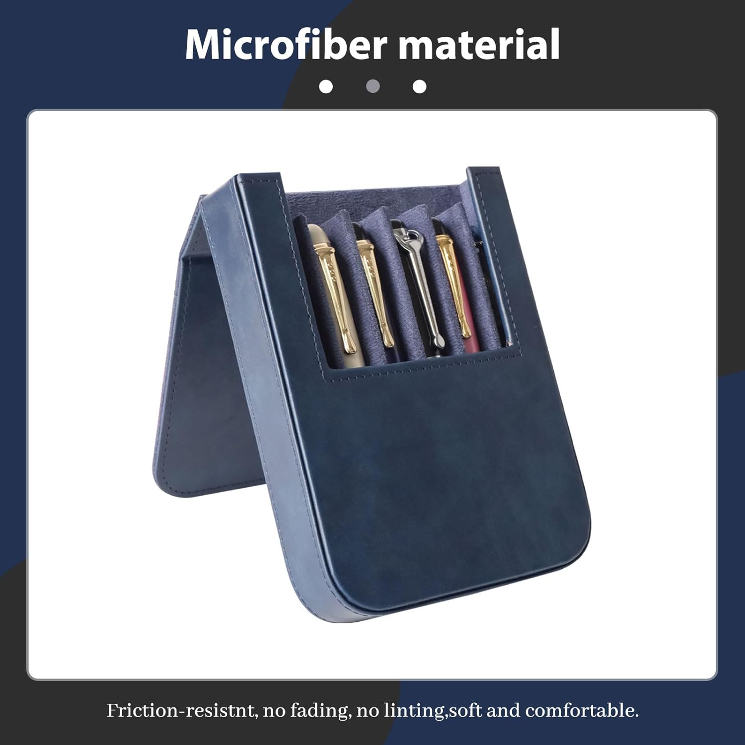 Leather 6 Fountain Pen/Pencil Tray Case, Handmade, Magnetic Closure with Drawer Design, Gift Choice for Man/Woman/Office, 6 Slots（blue）