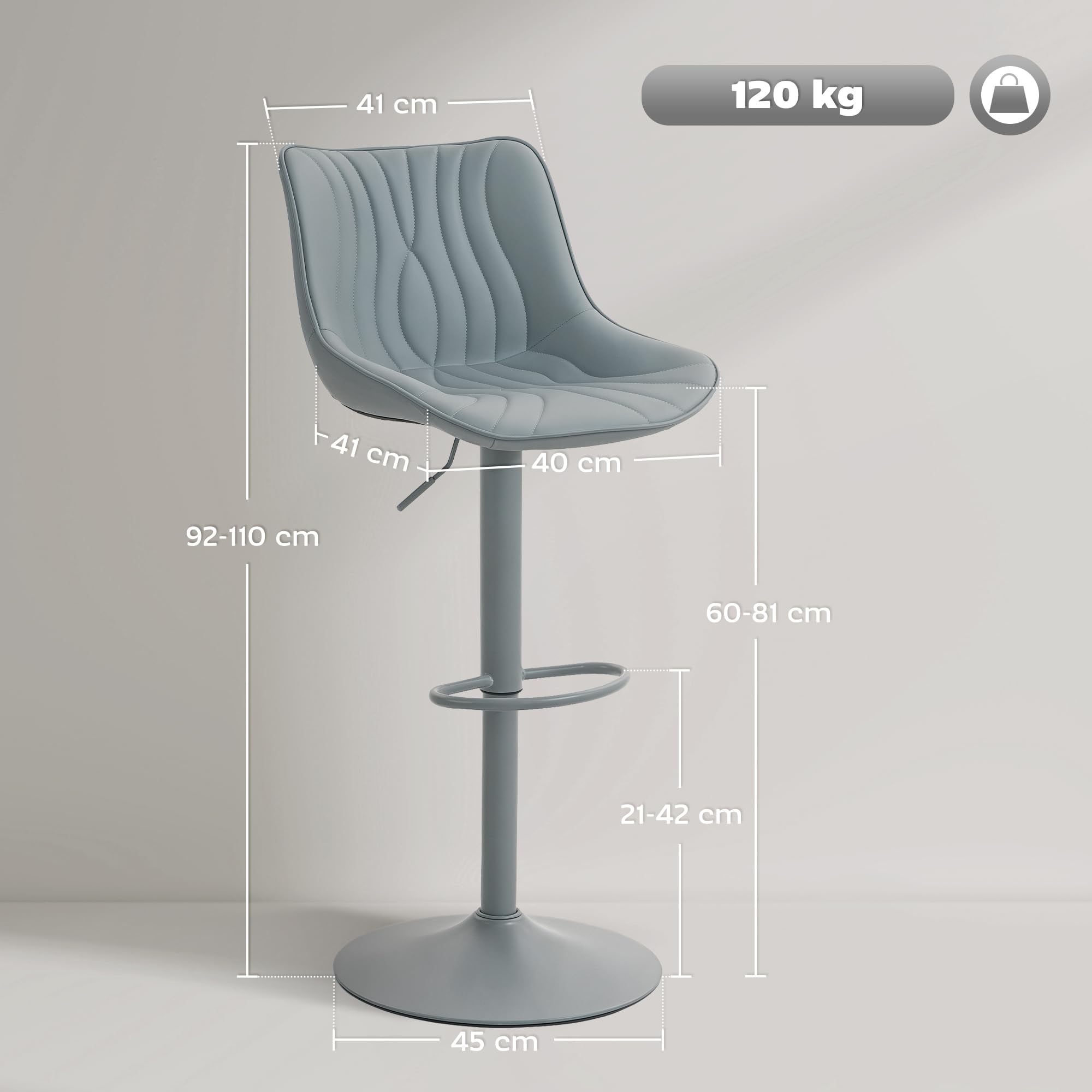 HOMCOM Juego de 2 Taburetes de Bar Taburetes Altos de Cocina Giratorios con Altura Ajustable 92-110 cm Respaldo Asiento de Piel Sintética Marco de Acero y Reposapiés para Comedor Mostrador Gris